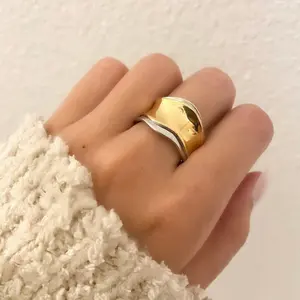 Minimalist Silvery Golden wide Ring Trendy Chunky Ring Bold Large Thick Statement Ring for Women Party Jewelry Gifts Adjustable Size