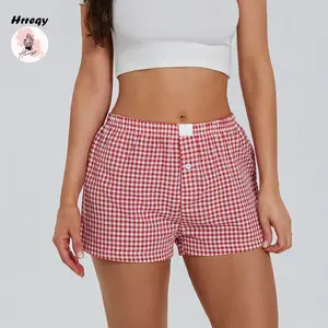 Women’s Plaid Print Shorts Elastic Low Waist Button Front Lounge Shorts Boxers Streetwear Fabric Womenswear Bottom Spring Comfort Casual