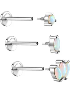 Grade Titanium Flat Back Screw Back Earrings Studs Opal Tragus Conch Helix Monroe Piercing Jewelry Hypoallergenic Post Earrings 3 Pcs Silver Earrings for Women Men Sensitive Ears