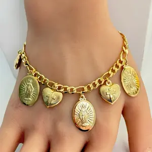 14k Gold Plated Religious Charms Bracelet 7.5” with Multiple Charms and a Central Charm