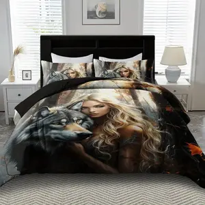 2D Print 3-Piece Golden Beauty & Wolf Pattern Decorative Bedding Set, Soft Breathable Polyester Fabric, All-Season Use
