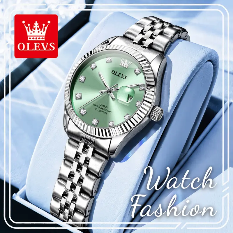 OLEVS 3705 Women's Classic Silver Compact Metal Hypoallergenic Water-Resistant Minimal Quartz Watch, 30.5mm Petite Mint Green Dial, Glow-in-the-Dark, Date Display, Silver Bracelet, Ideal for Daily/Social Wear, Perfect Gift for Her, Classic Silver Quartz W