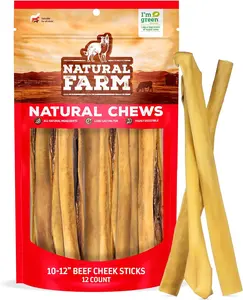 Natural Farm 10-12 Inch Beef Cheek Sticks for Medium Chewers - Grass-Fed, Grain-Free, Protein-Packed, 12 Count