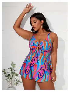 Plus Size Tankini Swimsuit - Women's Retro Swirl Print Two Piece Bathing Suit Top - Flowy Tummy Control Swimwear for Beach, Pool & Vacation - Adjustable Straps