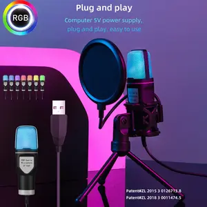 RGB Multifunctional Microphone with USB Shock Mount & 7 Luminous Colors for Gaming Podcast Recording Streaming Foldable Stand High Sensitivity