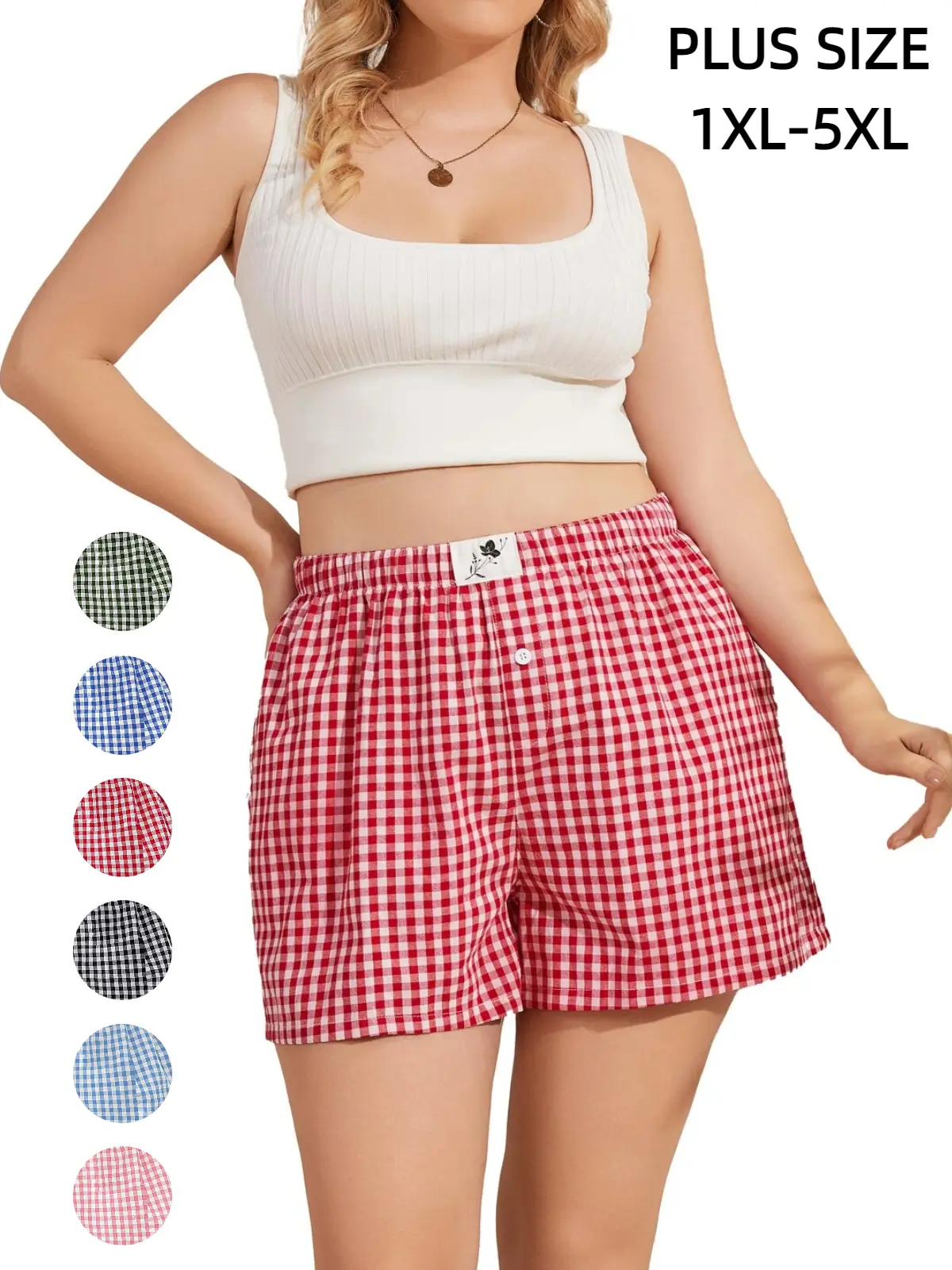 COOTRY 【Plus Size】 Women's Boxer Plaid-Patched Elastic Waist Shorts, Baggy Straight Leg Women's Clothes, Hide Belly Flattering Curvy Bottoms for Summer Daily Wear, Plussize, Pajama Shorts, Gingham, Breathable Shorts, Shorts For Women