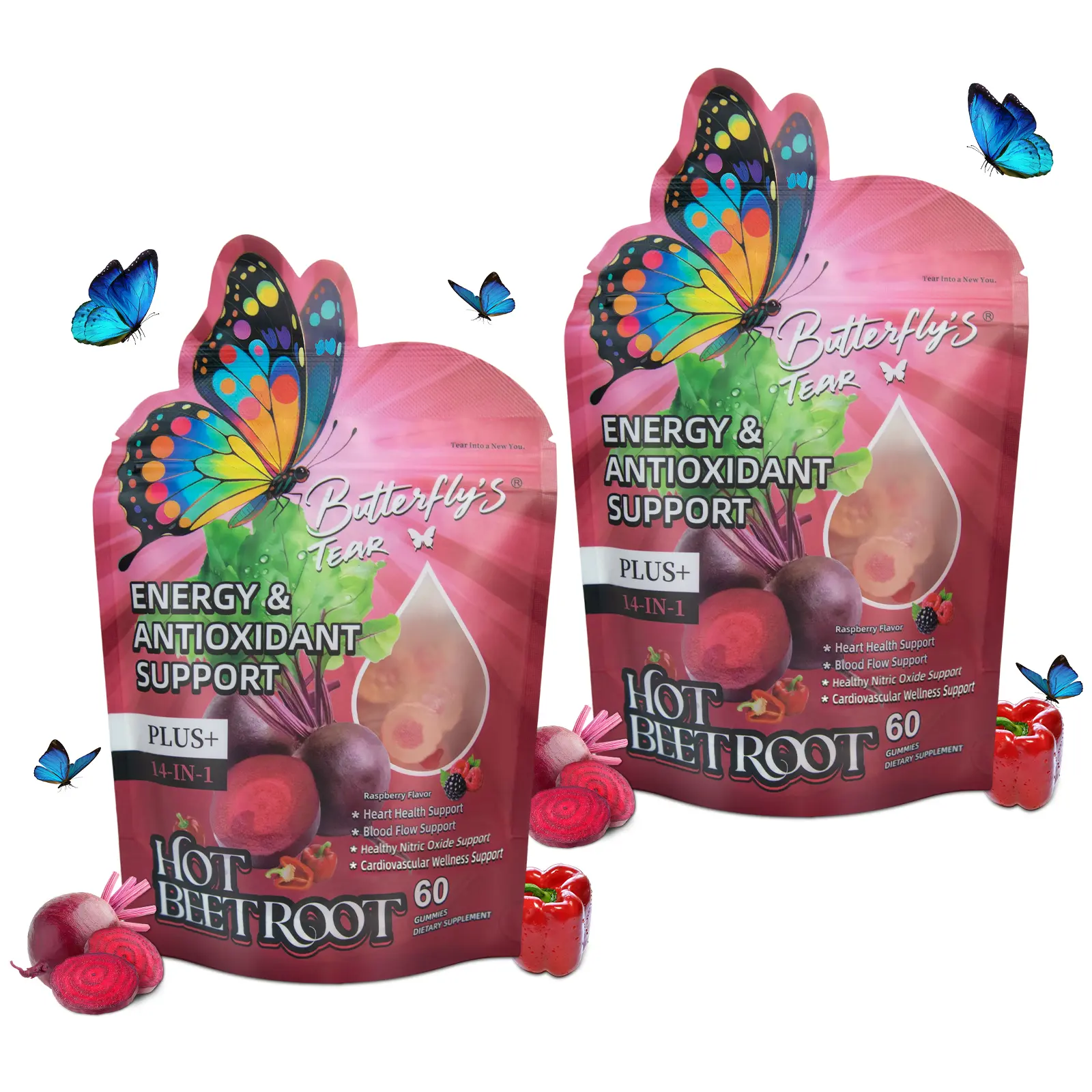 Butterfly Tear Spicy Beetroot Gummies – 14-in-1 Blend Supplement, Raspberry Flavor, 60 Gummies. Supports Blood Flow, Blood Sugar Balance, Nitric Oxide Production, and Energy Boost. Sugar-Free, Non-GMO, and Gluten-Free