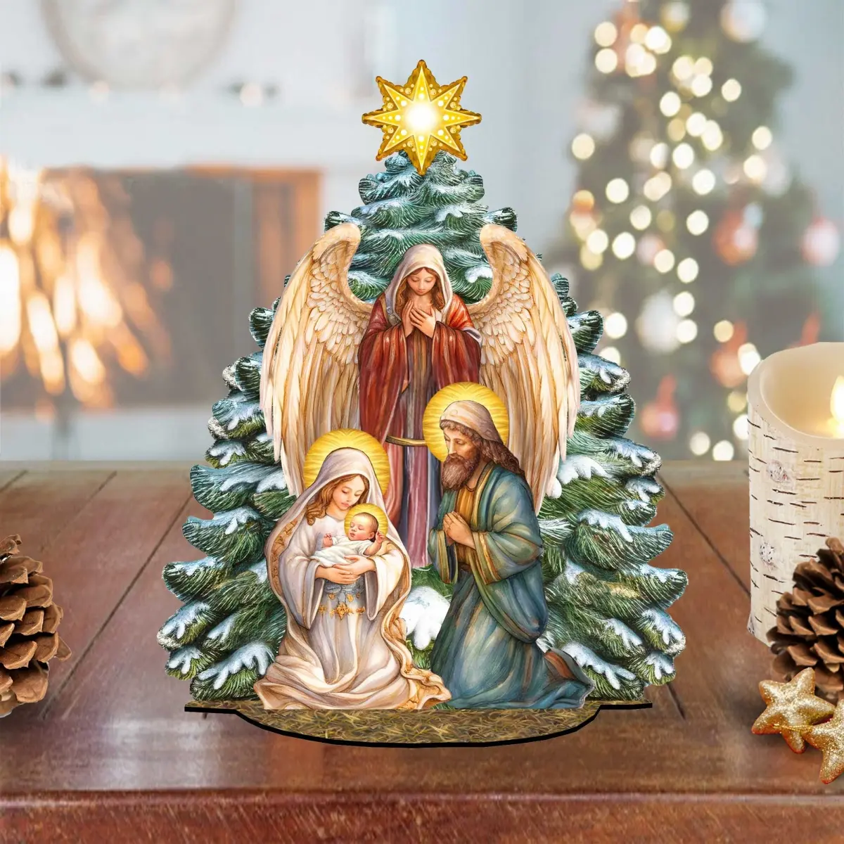 Designocracy 852767-07 6.5 in. Wood Nativity Scene with Angel, Captivating Village Scene Christmas Miniature Ornaments, Home Festive Decoration Supplies