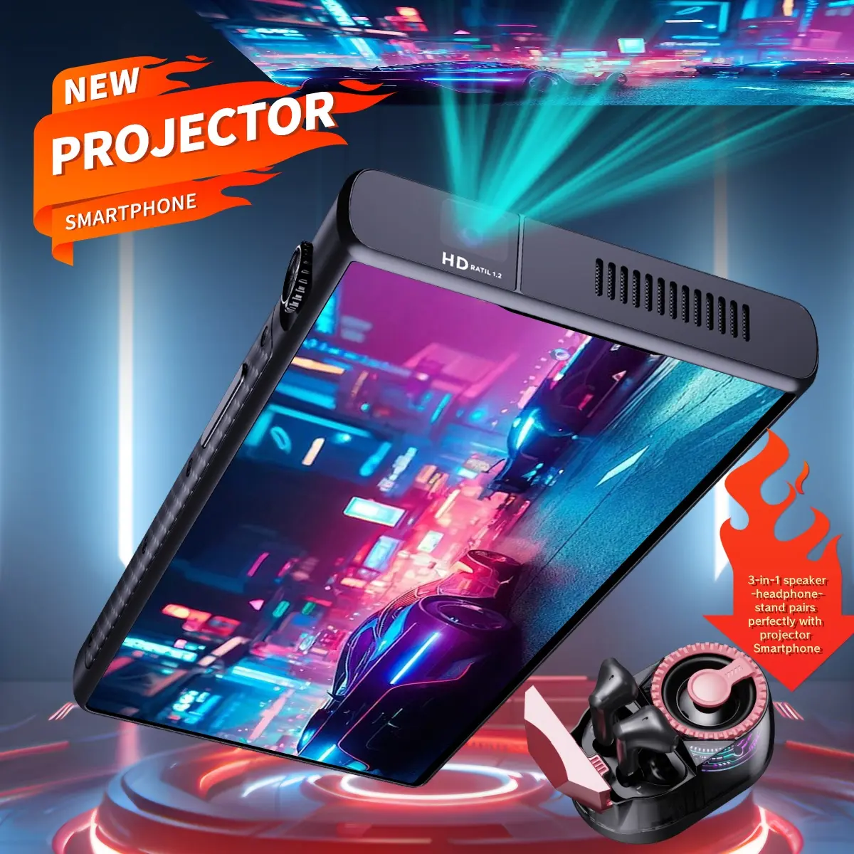 W&O Portable Projector 5G smartphone Built-in Speaker with 12000mAh battery 12GB+512GB Android  system 6.8-inch screen Rapid Rechargeable Battery