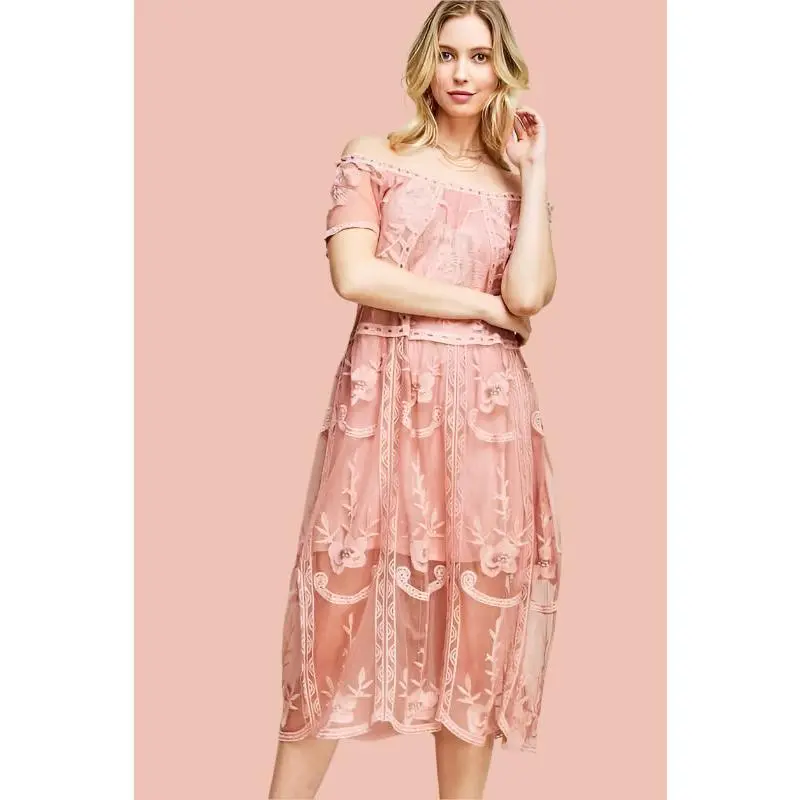 Entro Off Shoulder Sheer Mesh Mini Midi Dress - Blush
