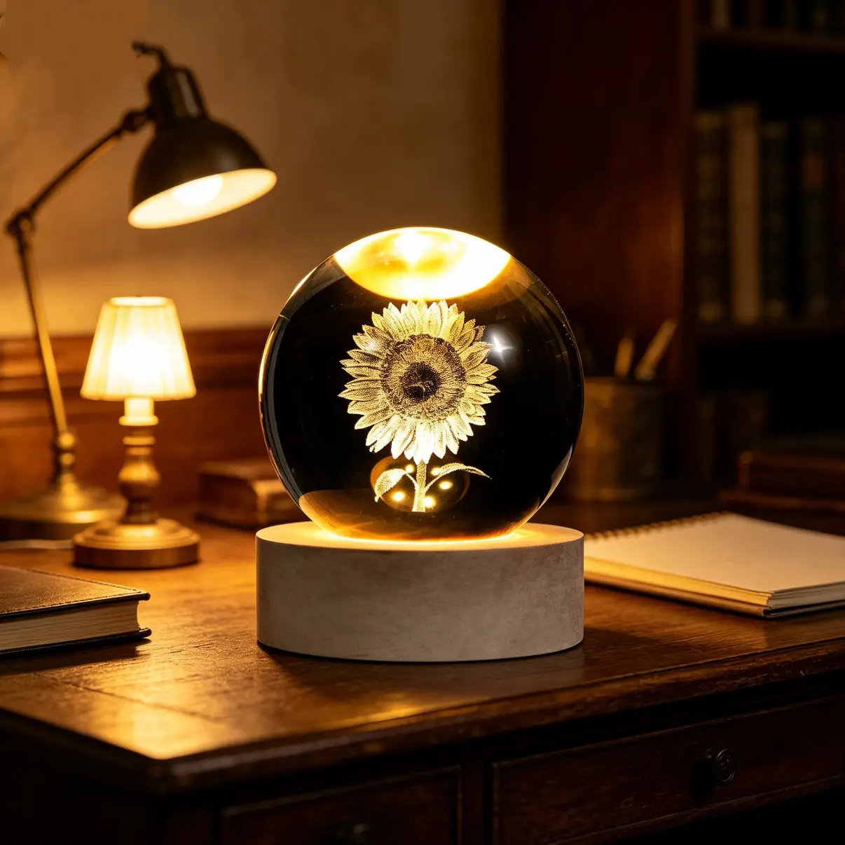 3D Sunflower Laser-Engraved Crystal Ball Night Light with LED Wood Base, USB-Powered Ambient Lighting Gift for Mom, Ideal for Thanksgiving, Valentines Day, Portable Charger, Decorative Mood Lamp, Atmosphere Light, Bedroom Night Light, Usb Power