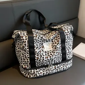 Chic Leopard Print Weekender Duffle Bag with Shoe Compartment - Spacious Overnight Crossbody Bag for Gym & Yoga, Travel