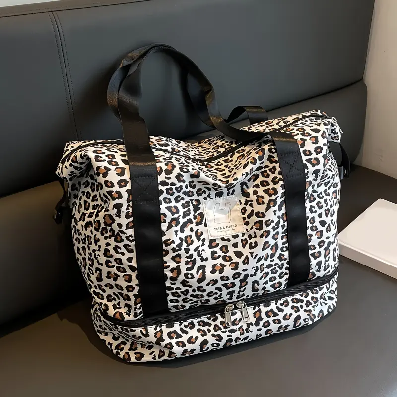 Leopard Print Multifunctional Sports Duffle Bag - Polyester Gym Duffle Backpack with Shoe Comp., Large Compartments for Yoga, Overnight Travel, Sporty Chic Design, Multifunctional Large Compartments Sports Duffels