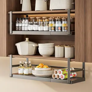 Adjustable Metal Cabinet Shelf Organizer, Expandable Kitchen Storage Rack for Spice Jars and Seasoning, Under-Cabinet Hanging Shelf with Layered Partition Design