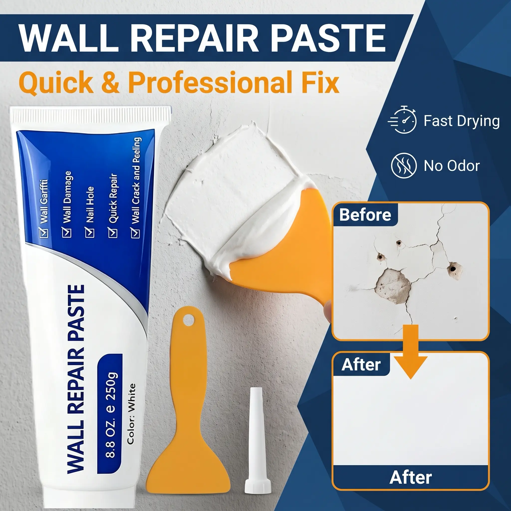 250g All-in-1 Drywall Repair Kit - Quick-Dry Waterproof Wall Mending Paste, Self-Adhesive Filler for Car Exterior & Indoor Nail Holes, Cracks, Small Concrete Surface Damage