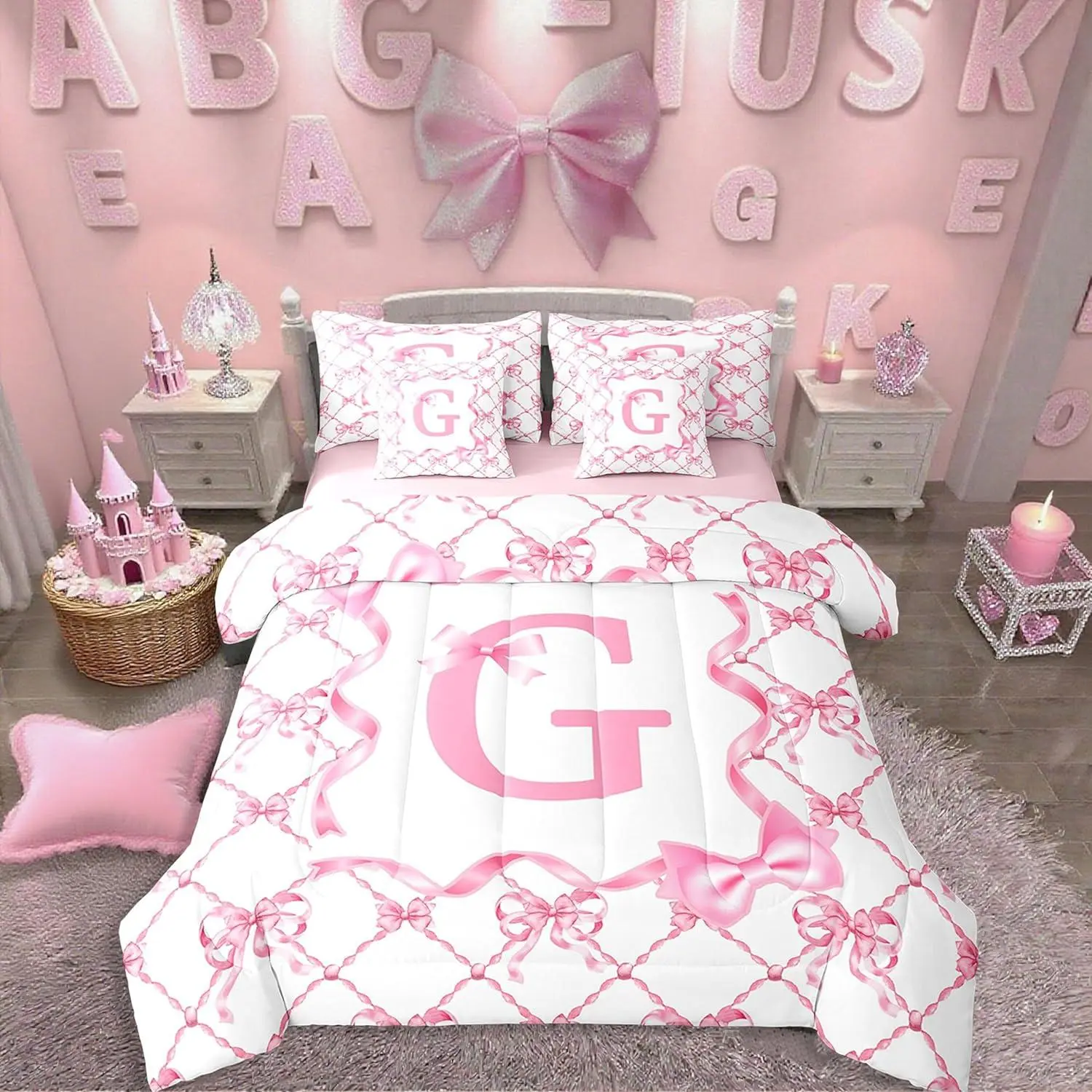 Feelyou 7-Piece Pink Bow Initial Letter G Queen Bed-in-a-Bag Bedding Set, Preppy Aesthetic Comforter Set with Sheets, Queen Comforter Set