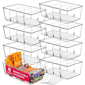 8 Pcs Clear Pantry Organizer Bins - Fridge Organizer with 3 Removable Dividers, Ideal for Kitchen, Pantry, Refrigerator, Freezer, and Snack Storage Clear Organizer Bins Fridge Organizer Bins Clear Kitchen Cabinet Organizer Bins  Snack Drink Organizer 1.1