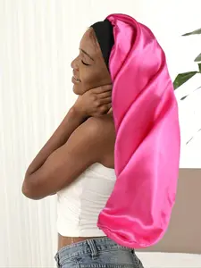 Solid Color Sleep Bonnet, Soft Comfortable Long Satin Bonnet with Wide Band, Hot Pink Hair Bonnet for Women, Sleeping Bonnet for Daily Use, Hair Wraps, Sleeping Cap, Bonnets for Sleeping
