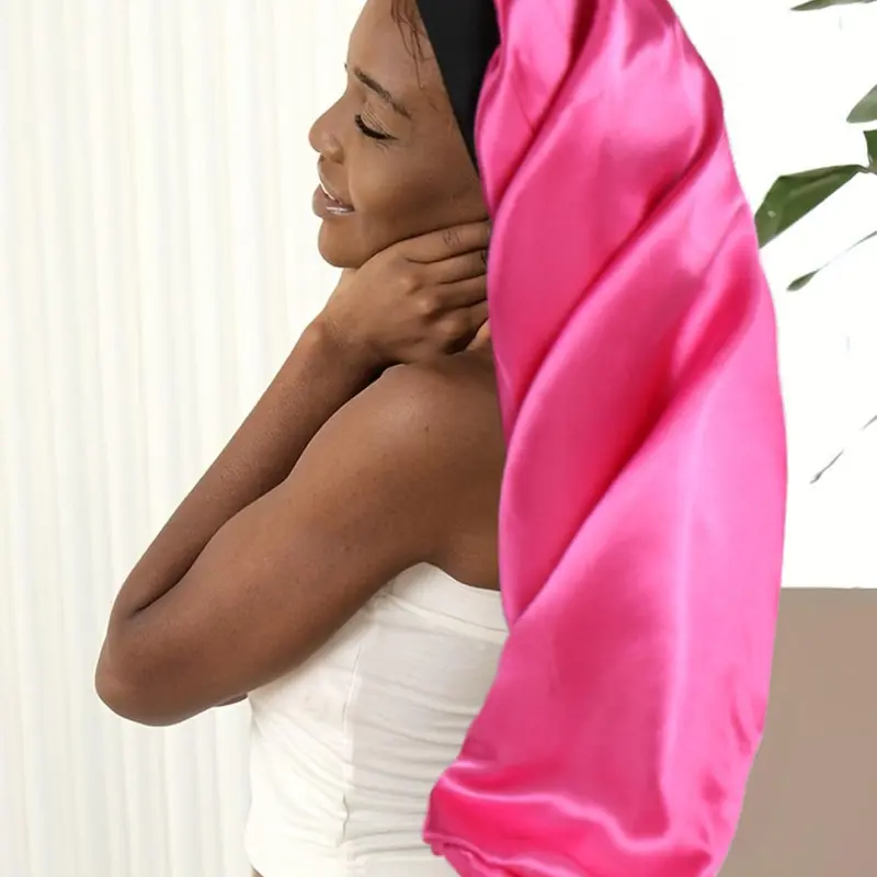 Solid Color Sleep Bonnet, Soft Comfortable Long Satin Bonnet with Wide Band, Hot Pink Hair Bonnet for Women, Sleeping Bonnet for Daily Use, Hair Wraps, Sleeping Cap, Bonnets for Sleeping