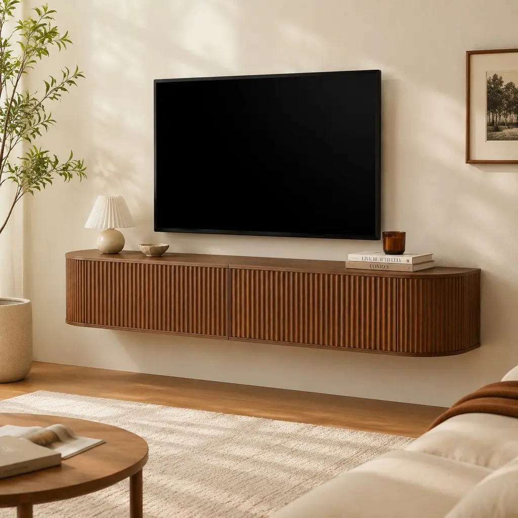 Wall Mounted Floating TV Cabinet 71 inch with Fluted Doors, Large Capacity Media Console with Cable Management, Walnut Particle Board, for Living Room Bedroom, Adjustable Height, Soft Close Hinges, Walnut Color Options, Particle Board Material