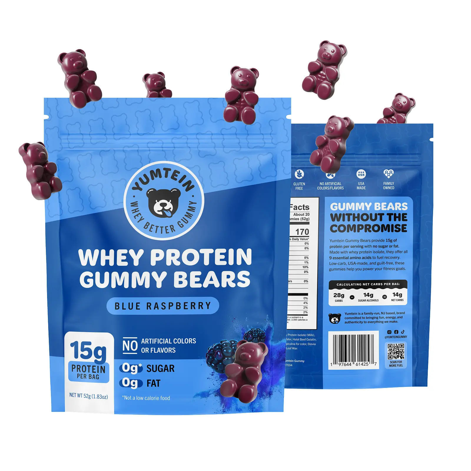 Yumtein Protein Gummy Bears - 15g Protein, 0g Sugar, 0g Fat - Halal Beef Gelatin - Natural Colors - Blue Raspberry (170 Cal)
