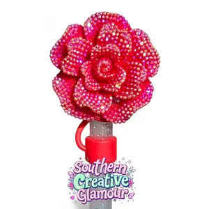 Rose 10mm Straw Topper - Rose Red Glitter