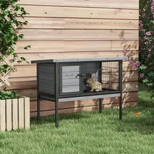 Wooden Rabbit Hutch Elevated with No Leak Tray Openable Roof for Indoor Outdoor Gray Spacious Activity Center Solid Safe Comfortable Habitat Easy to Clean 36" L x 17.75" W x 27.5" H