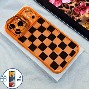 Black Transparent Checkerboard  MagSafe Shockproof Phone Case with Camera Foldable Stand, Magnetic Anti-Scratch Cover Compatible for iPhone 17 Pro Max/16/15 & Samsung Galaxy Series Models, Come with 2 Pcs Free Tempered Glass Screen Protector Full Coverage