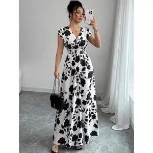 WomenV-NeckAlloverPrintCasualLongDressFabricFit