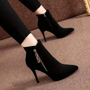 Elegant Black High-Heel Ankle Boots for Women, Pointed Toe Stiletto Booties with Side Zip, Comfortable Flannel Upper for Parties, Weddings - Fall Season high heels lightweight athletic sneaker trendy running shoe non-slip breathable design