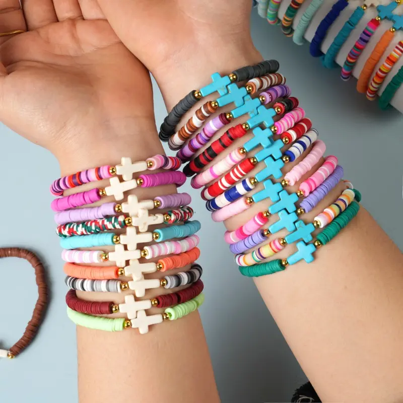 15-Piece Colorful Heishi Beaded Bracelets for Women, Stackable Polymer Clay Stretch Set with Christian Cross Pendants for Everyday Use, Heishi Beads, 15Pcs Mixed, Accessories For Women, Colorful Beads