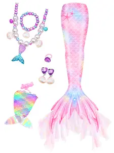 Girls Mermaid Tail Swimsuit with Netting, Sweet Mermaid Princess Design for Kids Birthdays, Includes Accessories and Foot Pocket, Party Costume Accessory