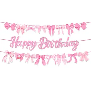 2/3pcs Pink Bow Happy Birthday Paper Garland Banner Hanging Bunting for Girls Bow Birthday Decorations Baby Shower Decor, Party Decorations Banners