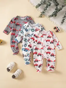 Baby Boys Girls Cartoon Print Onesies Set, Spring Fall Newborn, Cute Round Neck Jumpsuit, Footed Romper Suit