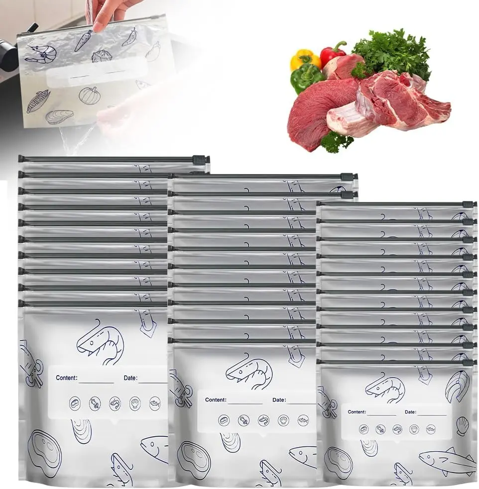 Reusable Aluminum Foil Storage Bags,Vacuum Zipper Pouches(3 SIZE/30 PCS) | Aluminum Foil Freezer Bag for Food, Stand Up Foil Storage Bags with Label and Zip Lock for Vegetable Fruit Meat