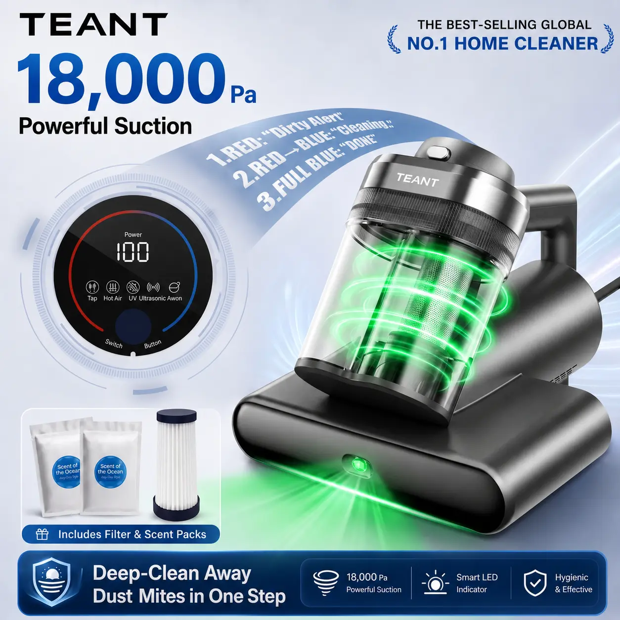 Teant Mattress Vacuum Cleaner with Dust Sensor & Green Light Detection, 18kPa Suction + 33000 RPM Tapping, UV & Ultrasonic Dust Mite Removal, Aroma Tablet, Pet Hair Cleaner for Bed Sofa Baby Crib,summerwins
