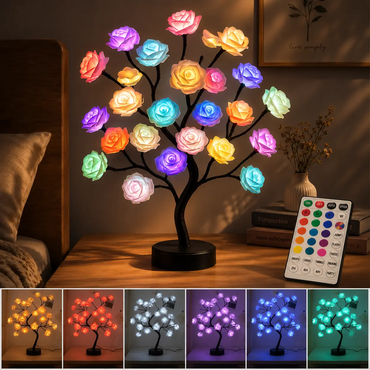Rose Flower Tree LED Cordless Lamp - Remote-Controlled Decorative Atmosphere Light, Dual Power Ambient Night Light for Bedroom Indoor Recreation Home Decor, Colorful Lighting, Bedroom Led Lights