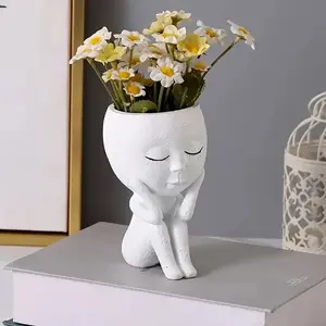 Cute Small Resin Flower Pot Decor, Modern Indoor Plant Planter with Drainage Hole and Tray, Garden Statue Decoration, Ideal for Home & Office