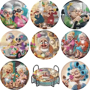8 pieces/set of cartoon grandma themed diamond art painting coasters with brackets, DIY trendy grandma patterned diamond art coasters, suitable for adults and beginners diamond painting kits, diamond kit craft supplies, exquisite gifts for friends