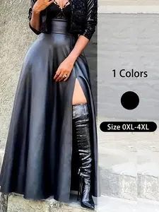 2026 New Model [Plus Size] Solid Split Thigh Zipper Back Pu Leather Skirt, Elegant Casual Fashion Loose High Waist Long Skirt for Party Club Dating, Women's Clothing for All Seasons, Bottom