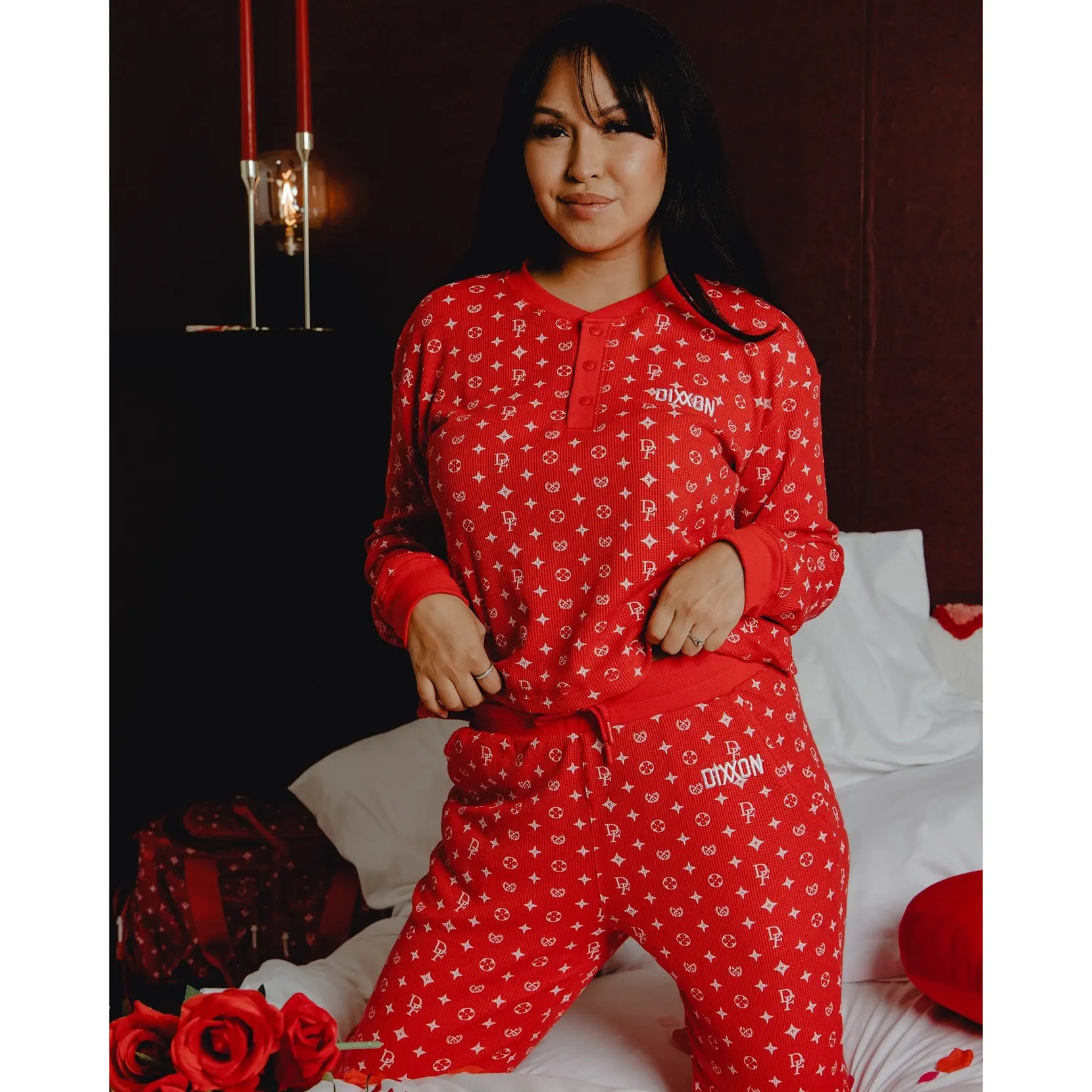 Women's Waffle Knit Long Sleeve Crop Tee - Red & White Bougie