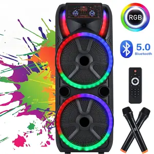 Large Bluetooth Speaker Rechargable Dual 15" Woofer Heavy Bass Party FM Radio Karaok LED TWS with 2 Wireless microphone