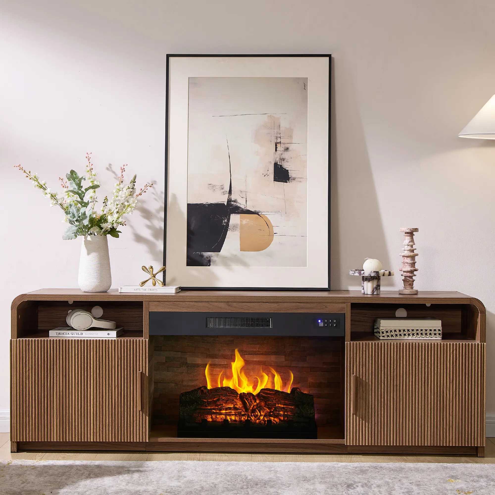 [Summerwins]AMERLIFE 70" Fluted Fireplace TV Stand for TVs Up to 80", Modern TV Console with 30" Electric Fireplace & Storage Cabinets, Media Entertainment Center for Living Room