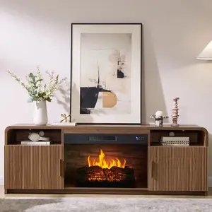 [SummerVibes]AMERLIFE 70" Fluted Fireplace TV Stand for TVs Up to 80", Modern TV Console with 30" Electric Fireplace & Storage Cabinets, Media Entertainment Center for Living Room