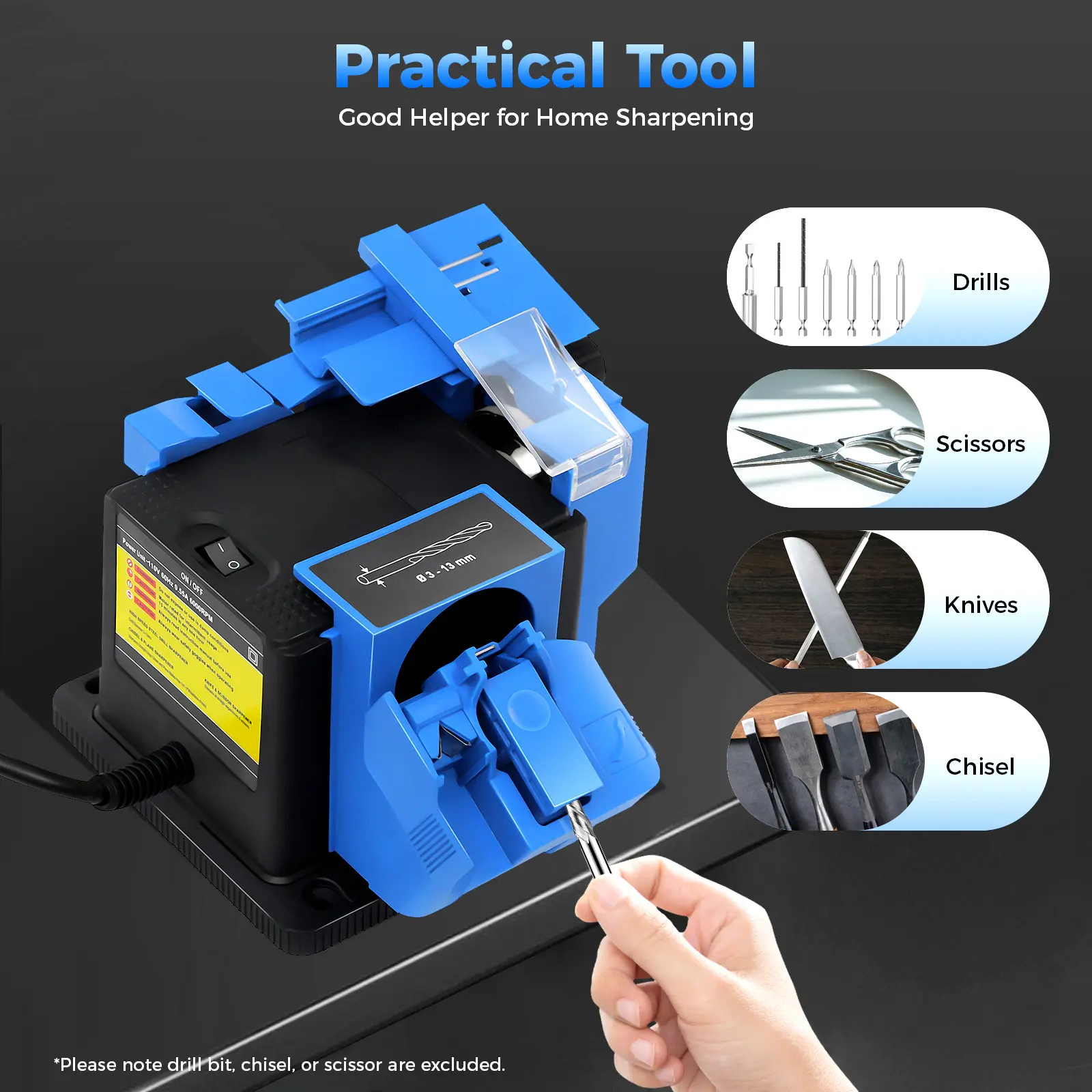 Blue Multifunctional Electric Knife Sharpener - 15°-50° Adjustable Angle, 96W, 1350rpm Speed, 15×14×13.5cm Durable Plastic Tools, Work Tools, 1.48kg, 2m, Metal Grinding, for Kitchen Knives, Scissors, Home Use