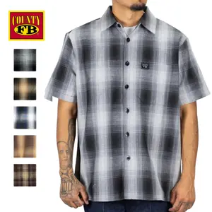 FBCounty Menswear Checked Short-Sleeve Flannel Top, Summer Casual Fitted Medium-Length Shirt, Breathable Cotton-Polyester Blend Fabric