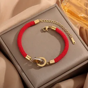 FASHION - Stainless Steel Bracelets Roman Number Interlock Circle Braided Lucky Red Rope Fashion Charm Bracelet For Women Jewelry Gifts