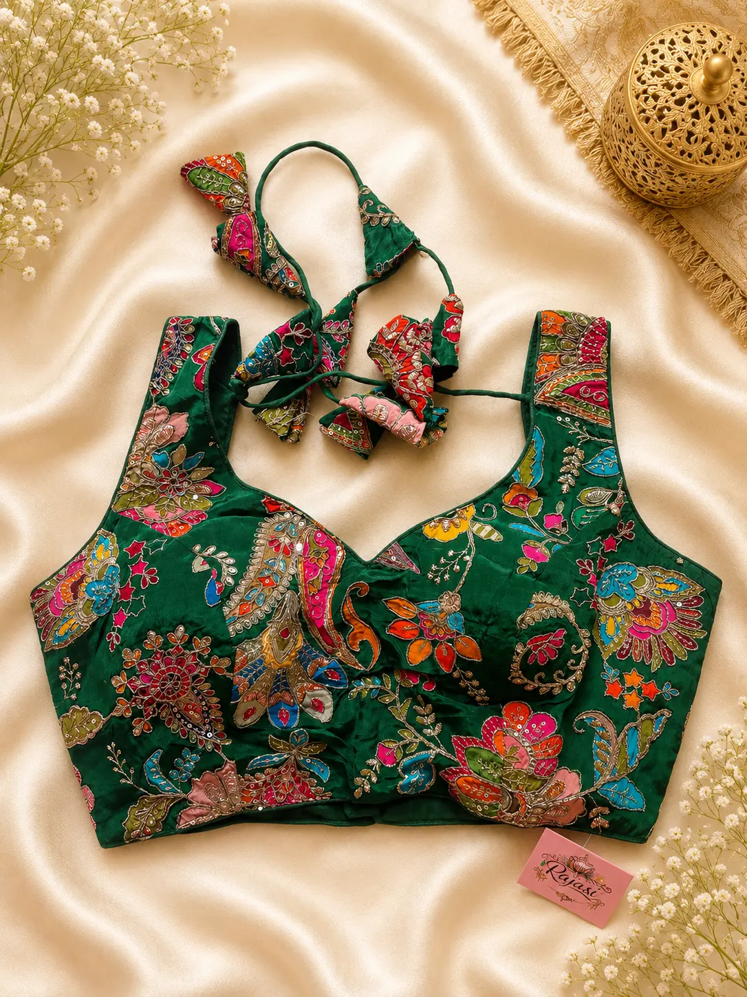 Premium Emerald Green Silk Floral Handwork Designer Saree Blouse
