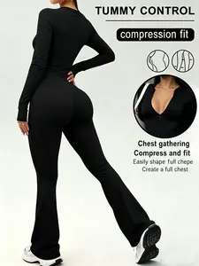 White zip-up long-sleeve flared jumpsuit, tummy-control slimming bodysuit, hip-lifting high-waist yoga jumpsuit for women, casual street sportswear, Compression shapewear jumpsuit, Workout onesie | TikTok Shop Holiday Picks