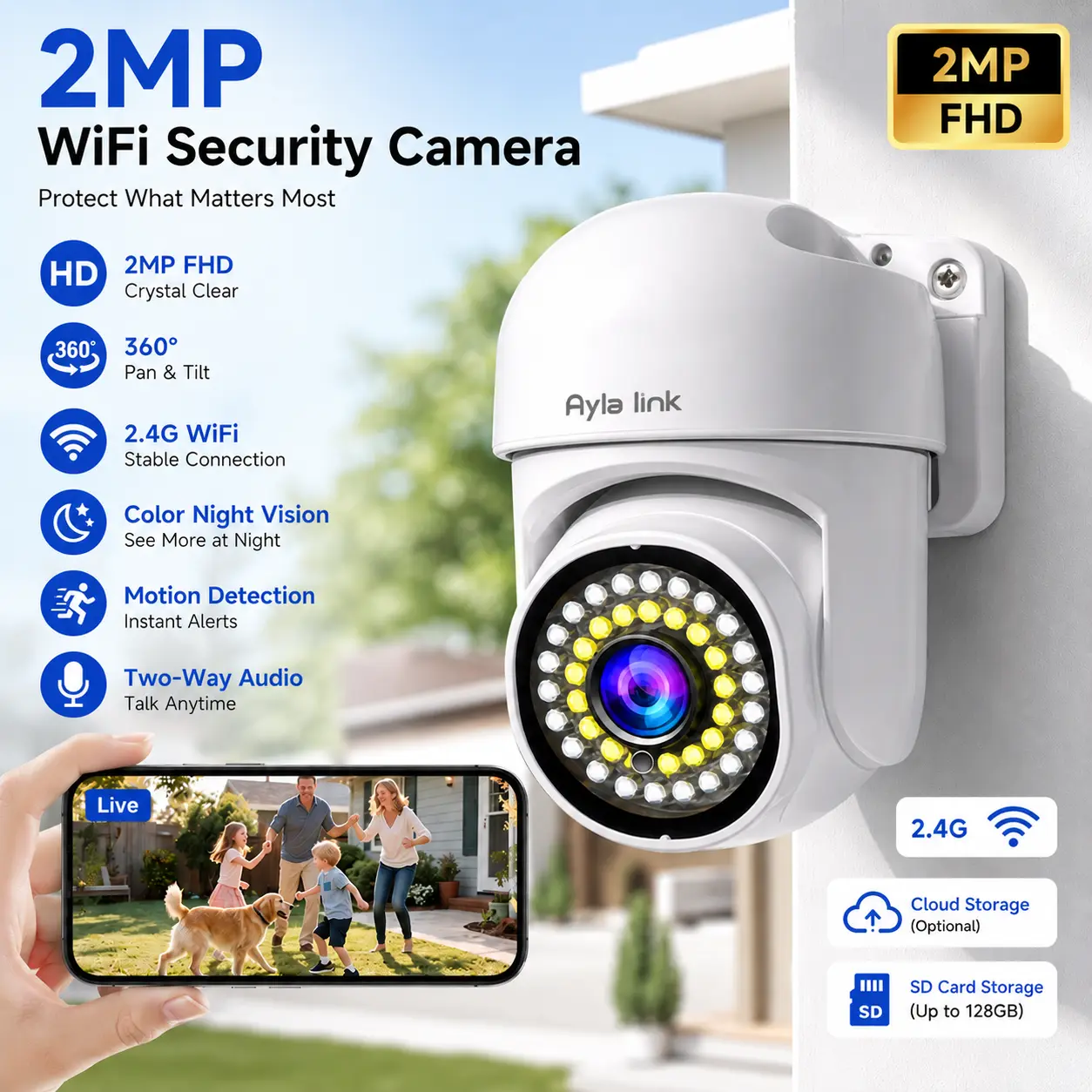 Home 2.4GHz WiFi Security Camera - 360° Pan & Tilt, Color Night Vision, Motion Detection, 2-Way Audio, Remote Viewing